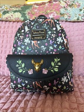 NWT Loungefly Black Floral Bambi Mini Backpack with Gold Charm
